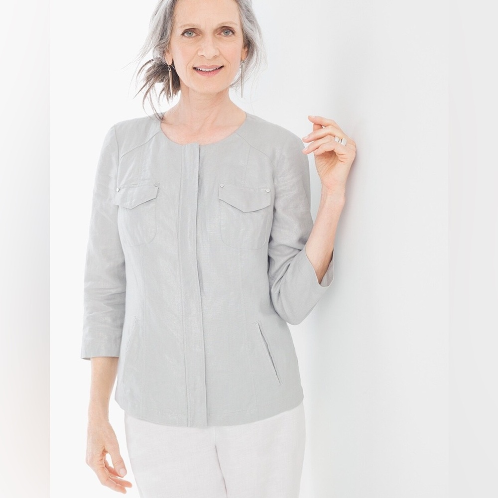 Chico’s Silver Grey Foiled Linen Shine Jacket Zipper Front 3/4 Sleeve